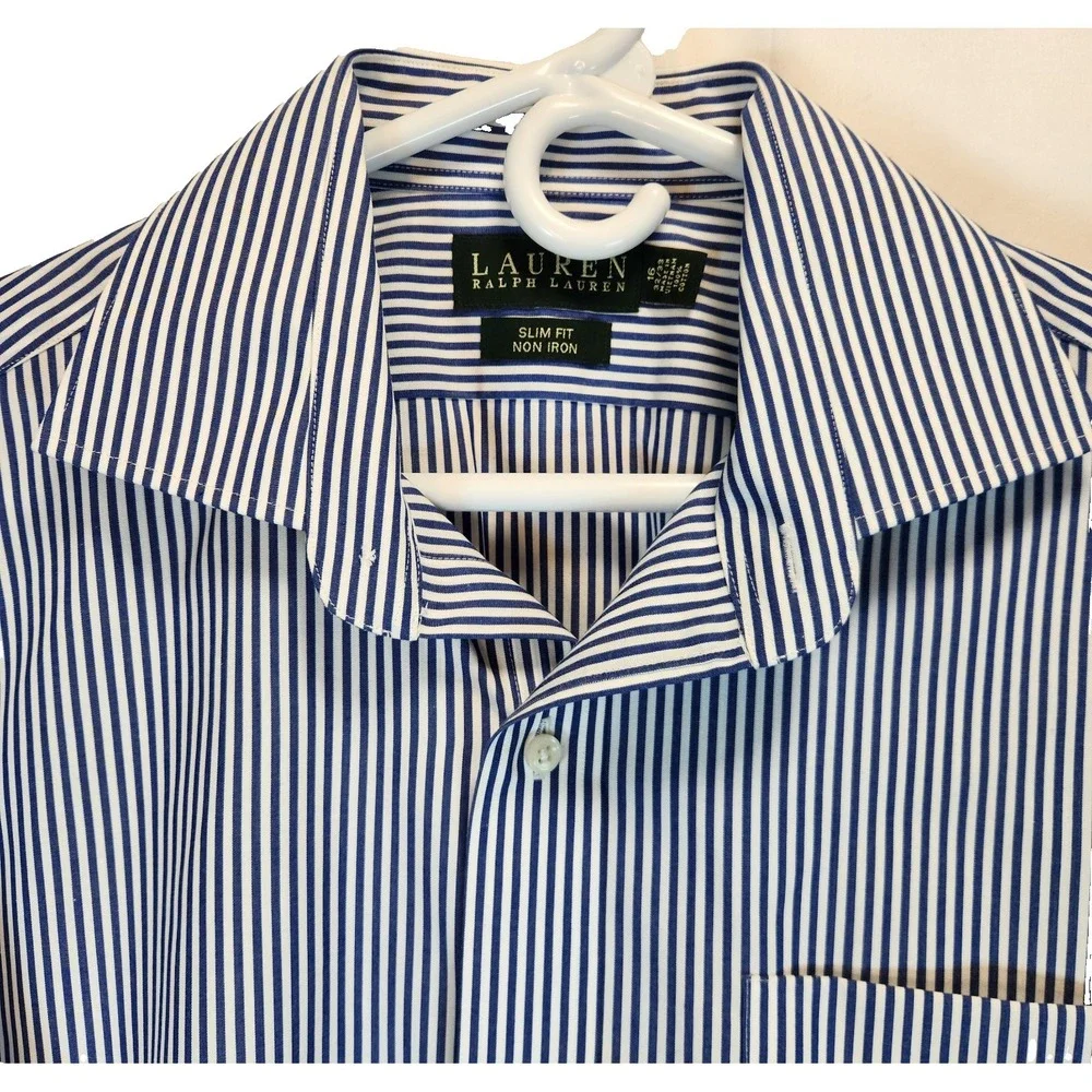 Lauren Ralph Lauren Men's 16 Slim Fit Non-Iron Shirt Blue White Striped Shirt - Picture 4 of 6